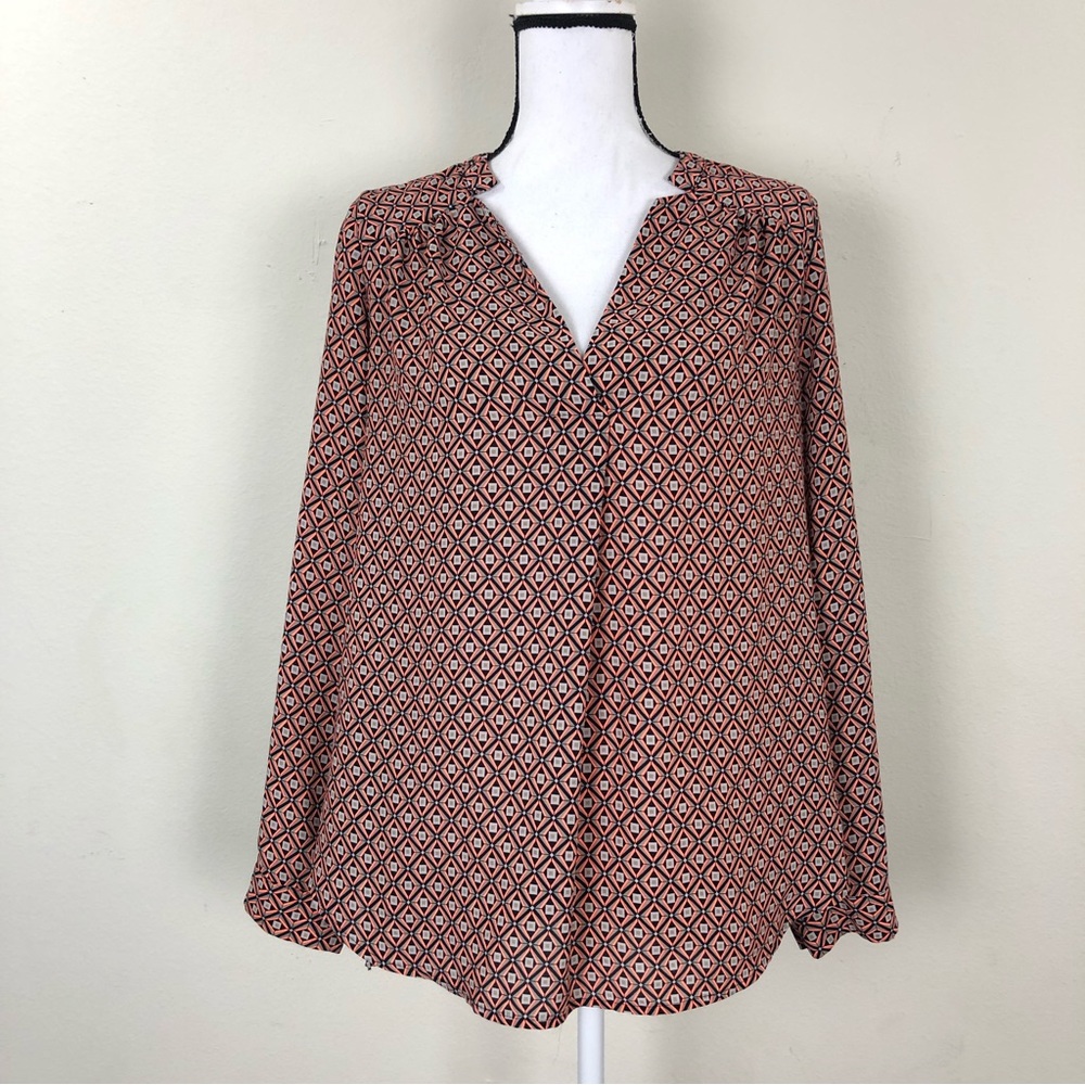 Pleione Orange Black Gray Abstract Long Sleeve Lightweight Flowy Top Blo…